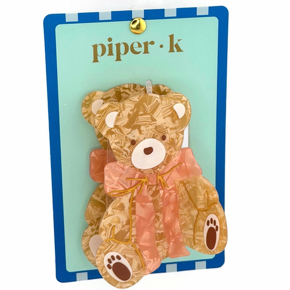 Piper K Teddy Bear Pink Bow Hair Claw Clip brown Pink